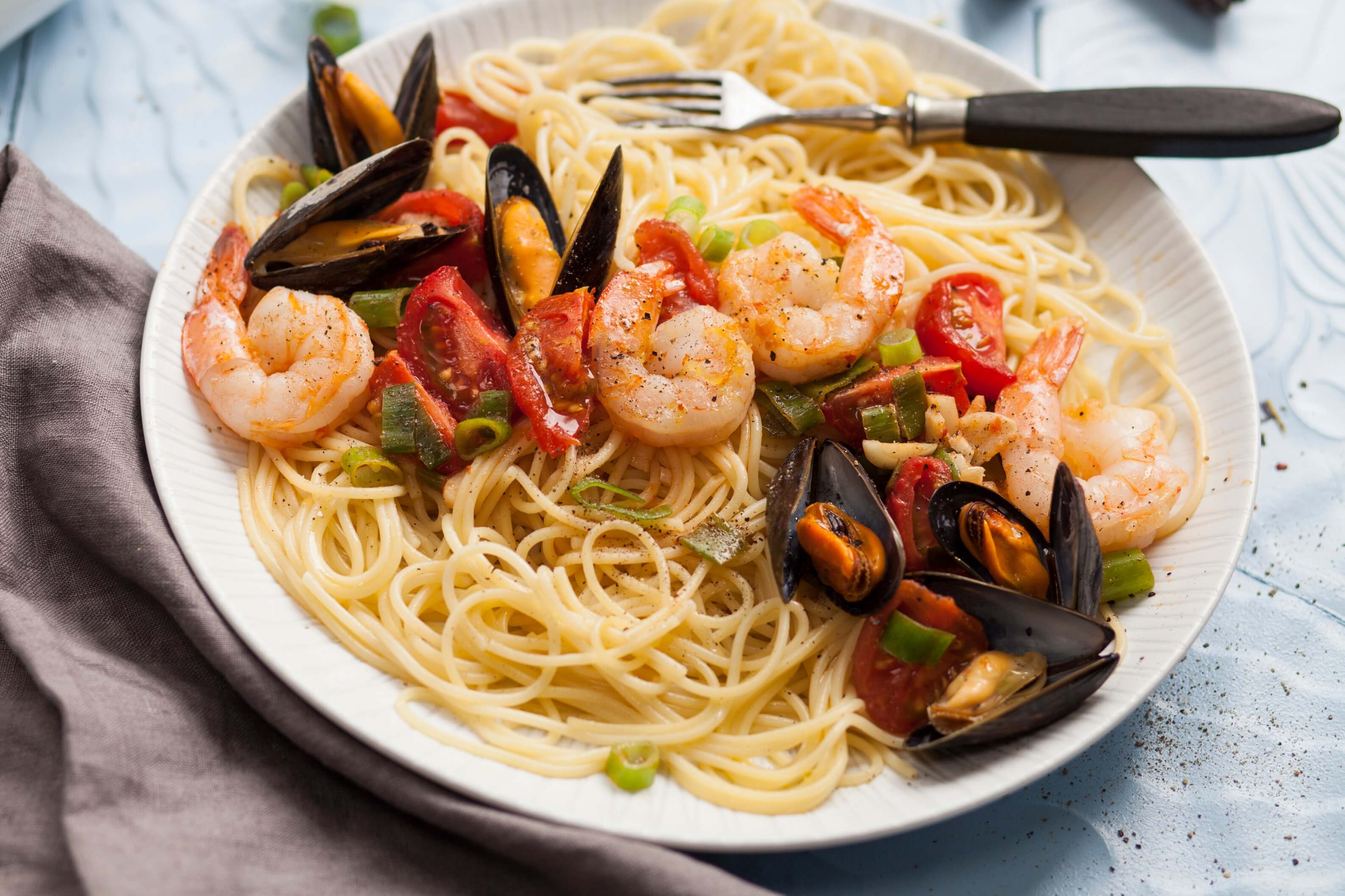 Spaghettini mit Meeresfrüchten mit BIO PLANETE Fraicheur Olivenöl