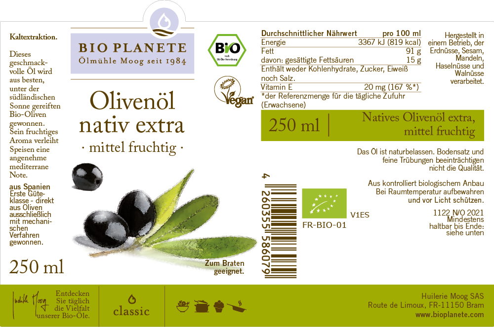 BIO PLANÈTE Olivenöl mittelfruchtig extra nativ 250 ml für Geschenkset